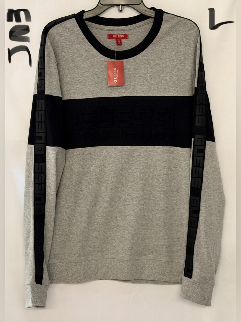 GUESS Grey and Black Logo Panel Crewneck